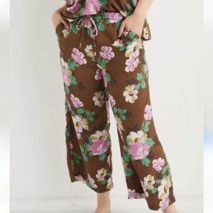 Aerie Wide Leg Cropped Pants Summer Brown Green Floral Womens Size Medium Boho